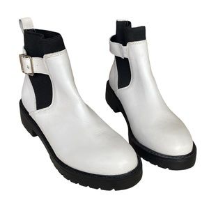 Steve Madden Chunky White Leather and Black Stretch Panels One Buckle Bootie.